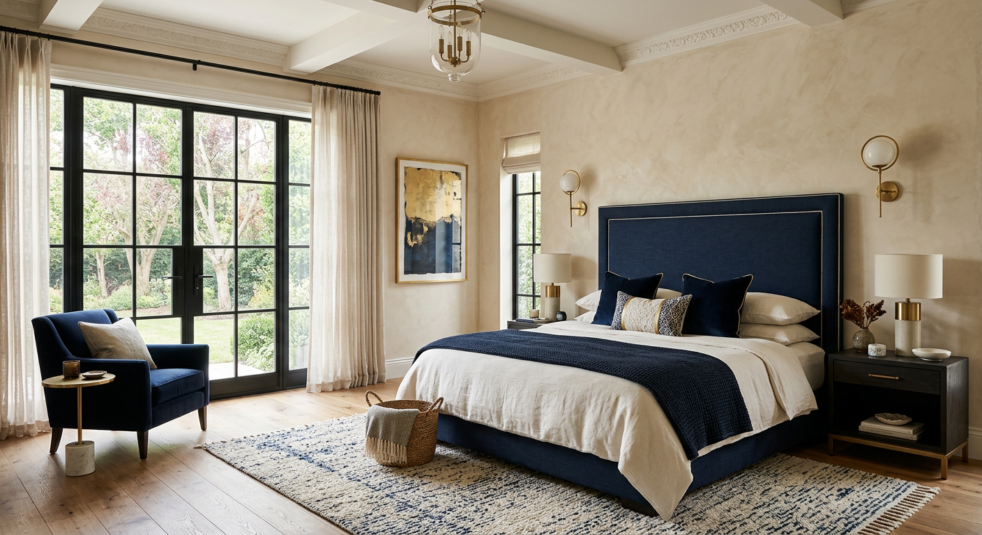 Refined primary bedroom with linen headboard and brass sconces