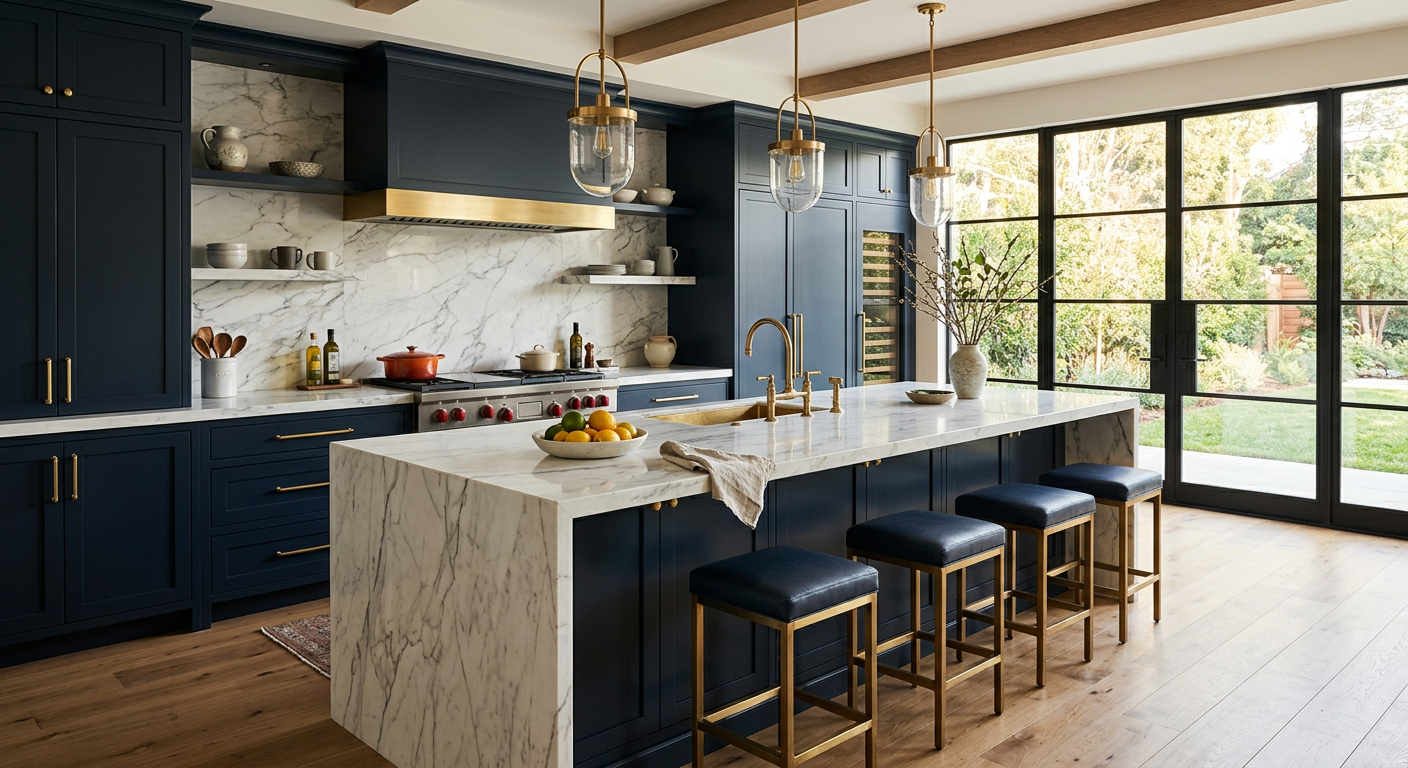 Luxury custom kitchen with navy cabinetry and a marble island